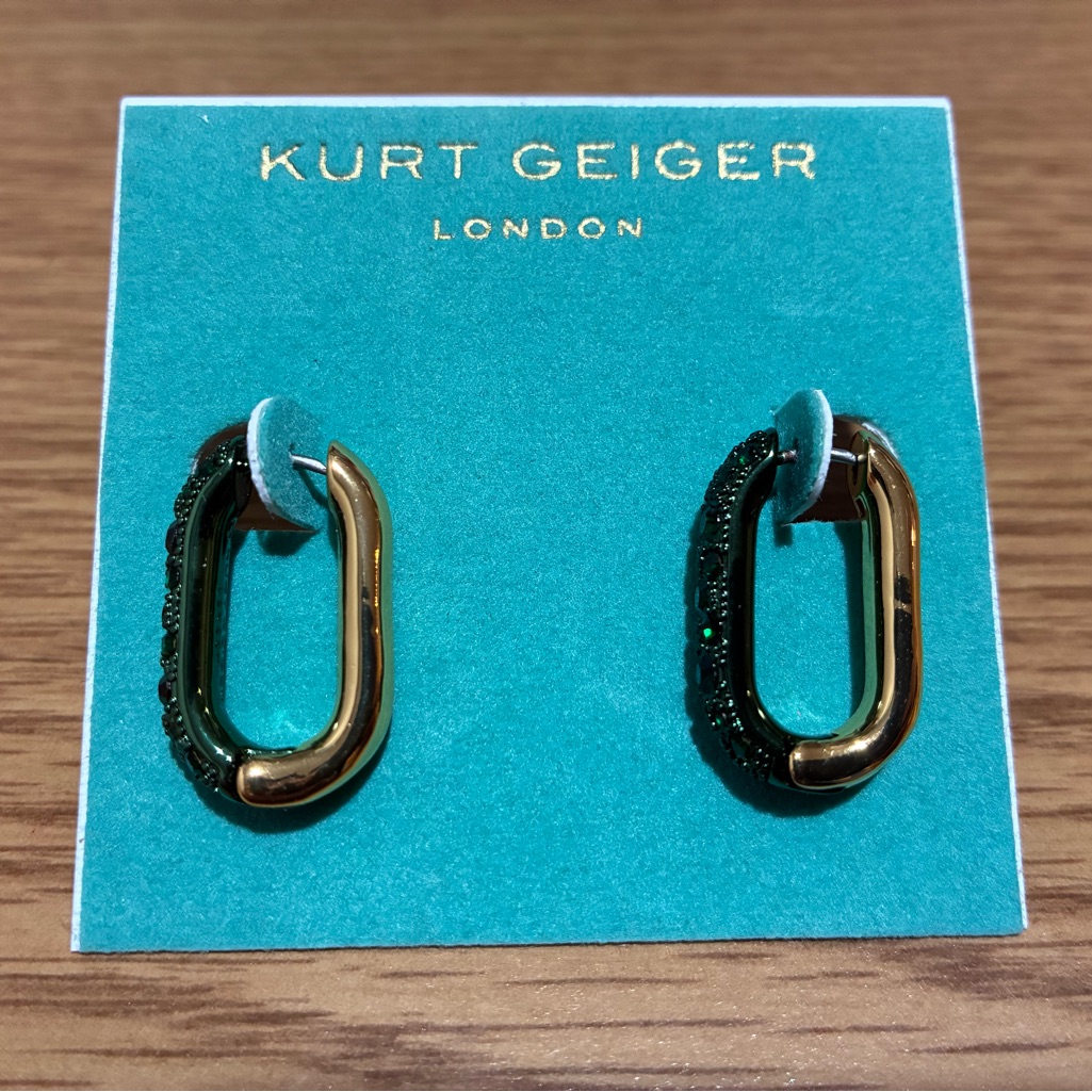 Kurt Geiger London Earrings Green Faceted Crystal Pav Oval Hoop Gold Tone